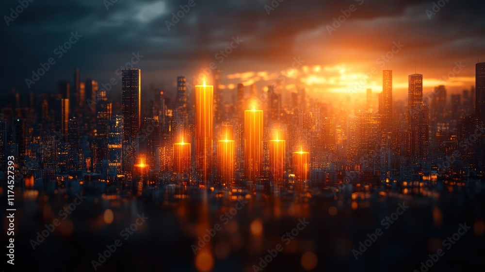 Fototapeta premium Futuristic city sunset, glowing towers, dramatic sky, concept art
