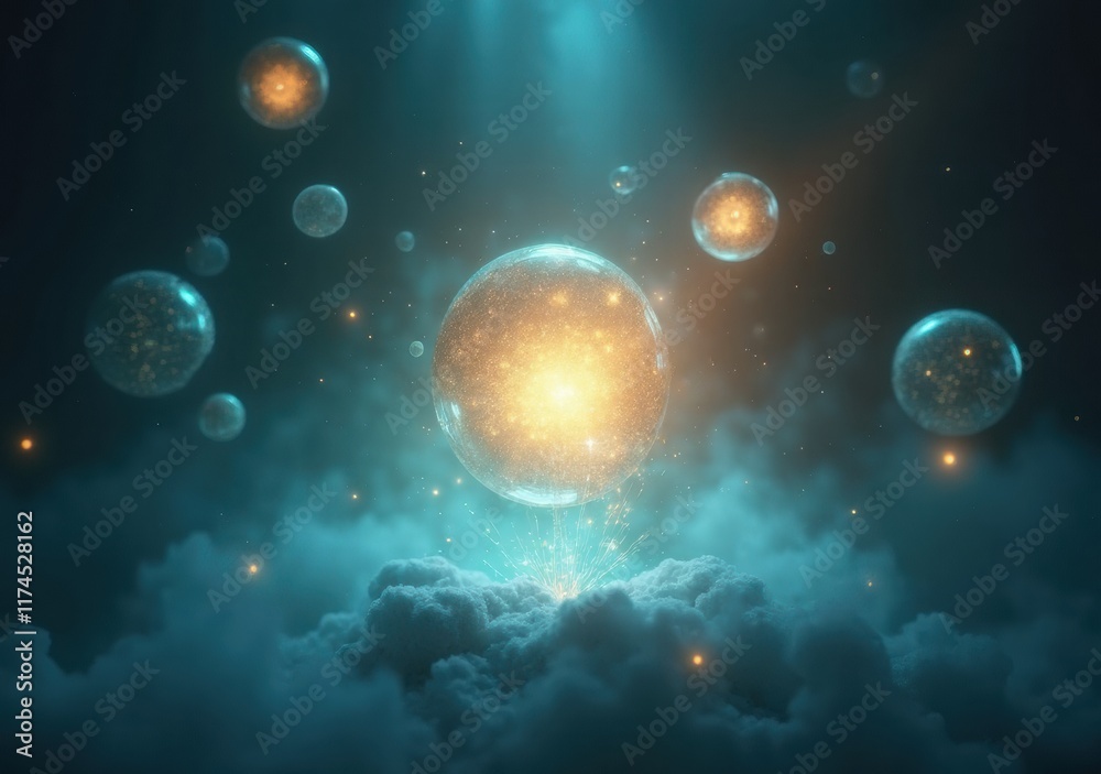 Fototapeta premium Colorful bubbles float in a mystical atmosphere with glowing spheres and clouds