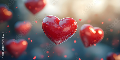 Floating Hearts: A mesmerizing 3D render of red hearts floating in the air, bathed in soft sunlight. Perfect for Valentine's Day, love, romance, or any project needing a touch of warmth and affection.