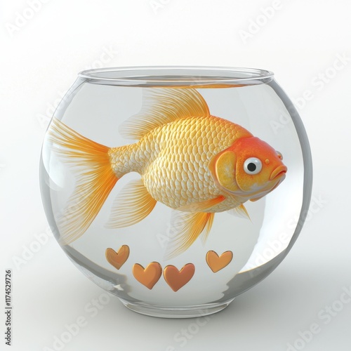 Colorful Goldfish Swimming in a Clear Glass Bowl Surrounded by Decorative Hearts for Aquatic Theme photo