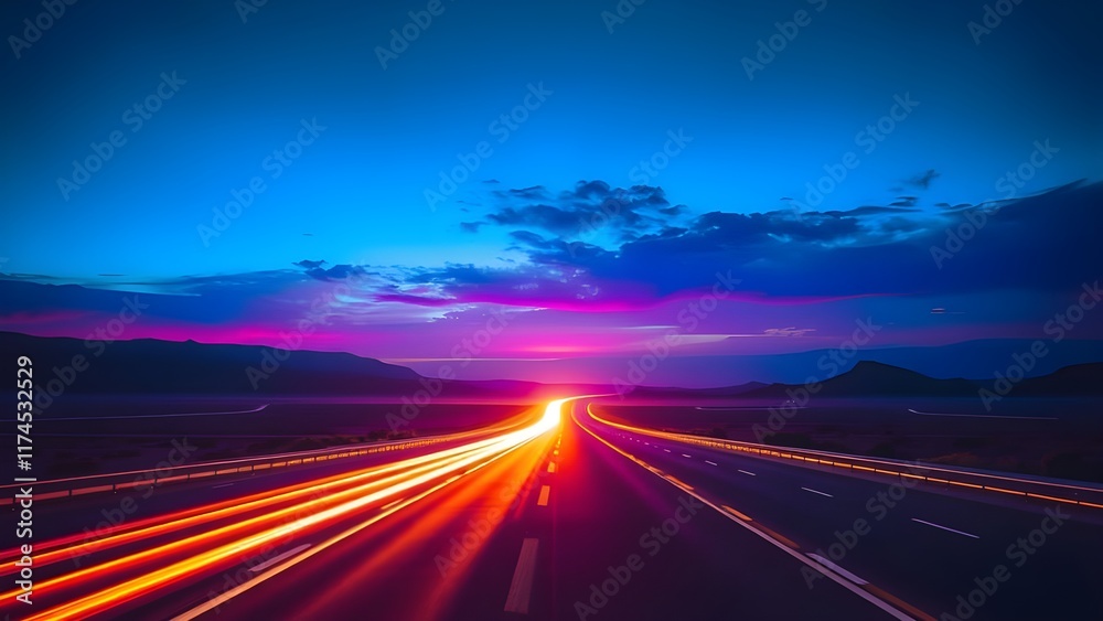 Obraz premium A journey through time and space, visualized as a neon-lit highway cutting through a dark landscape.