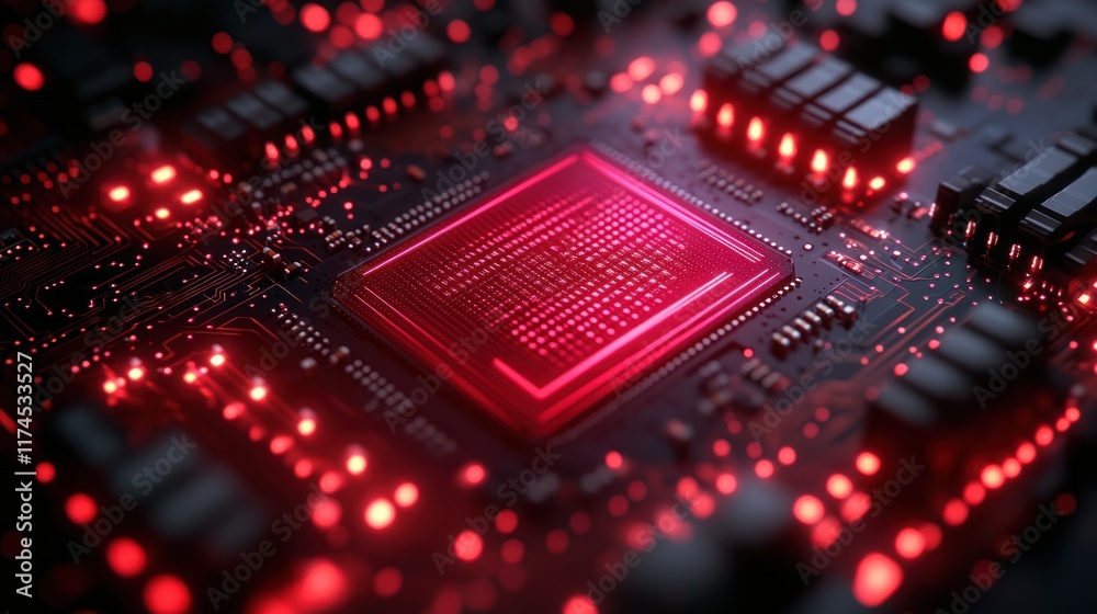 Obraz premium Red glowing CPU on circuit board, data processing, dark background, tech illustration