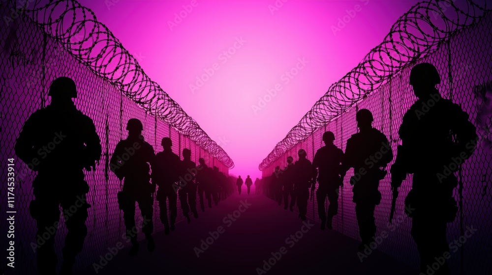 Naklejka premium Silhouettes of soldiers walking along a barbed wire fence against a vibrant pink background, creating a striking contrast of military presence and surreal color.