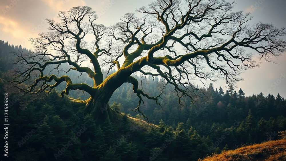 Fototapeta premium Majestic Moss-Covered Tree, Lush Forest Slope, Breathtaking Landscape