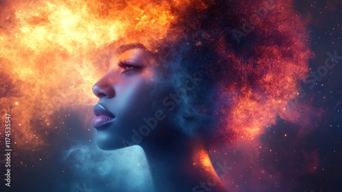 A surreal portrait of a woman with fiery, colorful hair blending into a cosmic background.