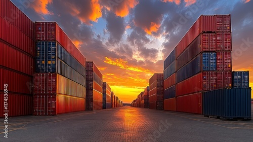 Shipping containers at sunset, cargo terminal, vibrant colors, dramatic sky photo