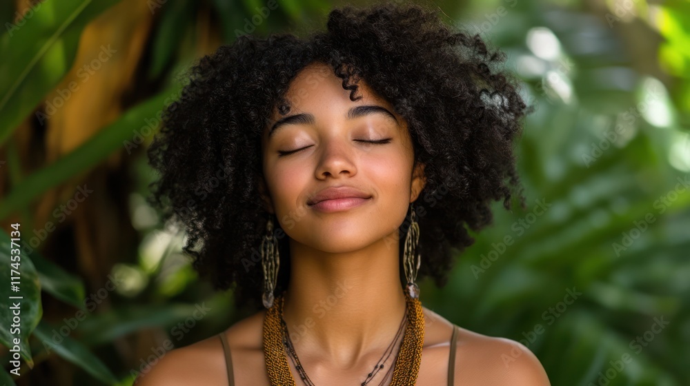 Woman meditating outdoors, lush foliage, serenity, wellness Woman meditating outdoors, lush foliage, serenity, wellness