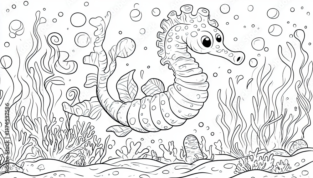 A cute seahorse swims among seaweed and coral. This whimsical design is perfect for coloring books, children's illustrations, and marine-themed projects. A cute seahorse swims among seaweed and coral. This whimsical design is perfect for coloring books, children's illustrations, and marine-themed projects.