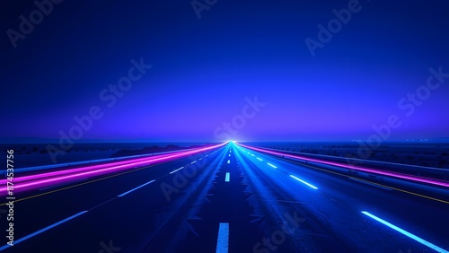 A futuristic dreamscape unfolds on a neon-lit highway, where the road itself seems to glow with energy.