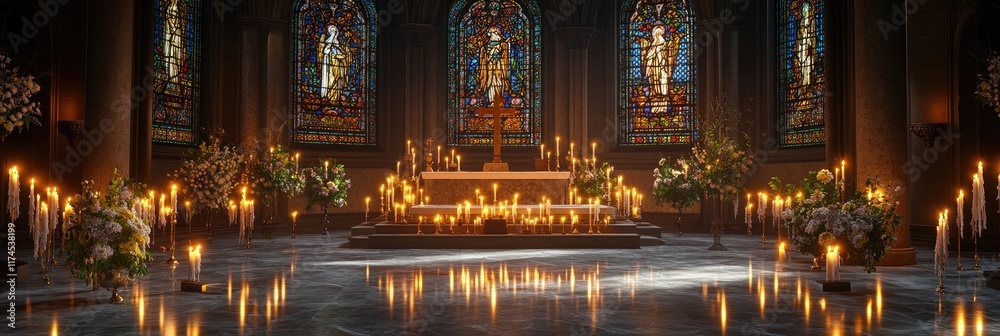 Obraz premium A serene interior of a church with stained glass windows and candles illuminating the altar.