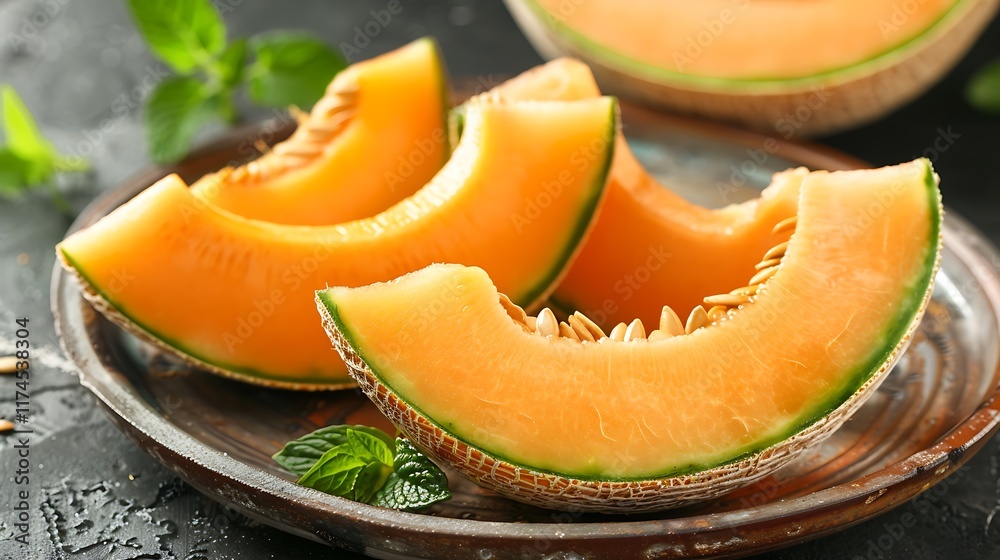 A juicy ripe cantaloupe melon sliced into wedges and served on a platter A juicy ripe cantaloupe melon sliced into wedges and served on a platter