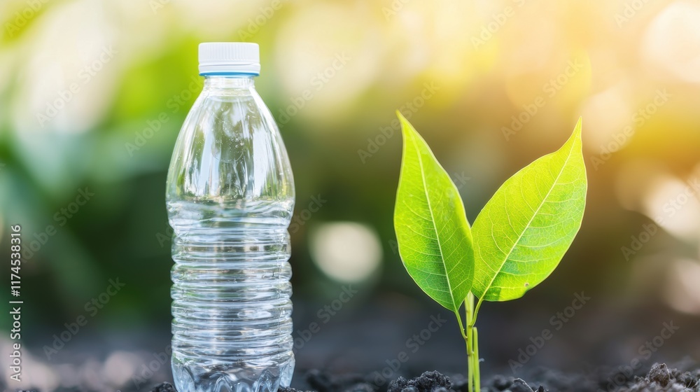A plastic water bottle stands next to a young green plant, highlighting themes of sustainability and environmental awareness. A plastic water bottle stands next to a young green plant, highlighting themes of sustainability and environmental awareness.