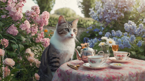 A cat is sitting at a table set for tea in a blooming garden