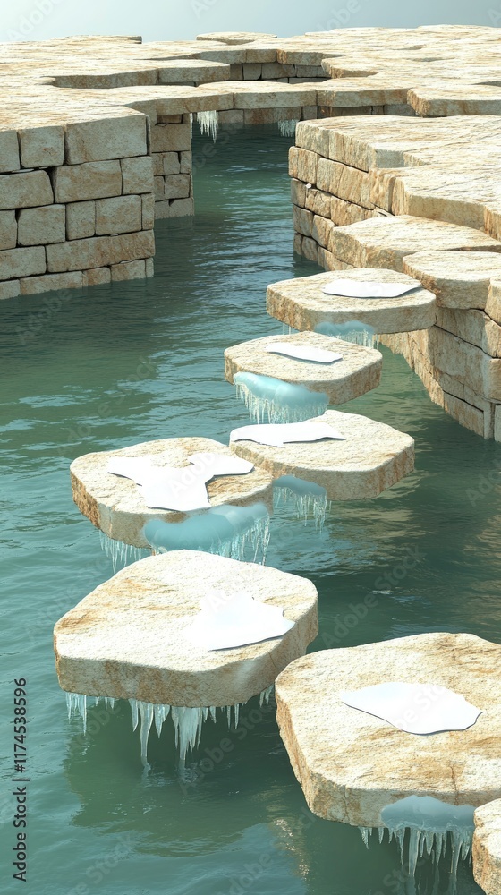 A serene pathway of stone steps leading over calm water, featuring icy edges. A serene pathway of stone steps leading over calm water, featuring icy edges.