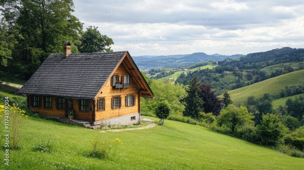 Wooden Cabin on a Hillside with a Panoramic View Wooden Cabin on a Hillside with a Panoramic View