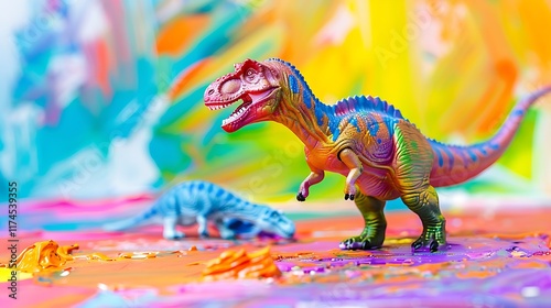 Fototapeta Naklejka Na Ścianę i Meble -  A plastic toy dinosaurs on a colorful background