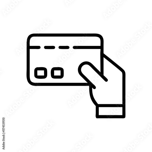 A hand holding a credit card, ready to pay.Vector linear icon 