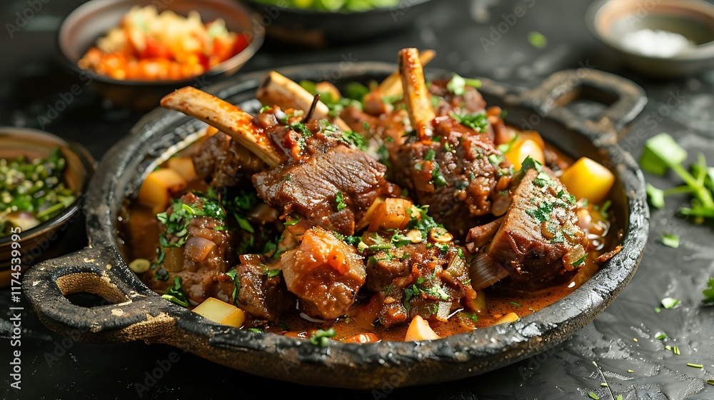A popular mutton dish in a stone plate on a dark earthen table A popular mutton dish in a stone plate on a dark earthen table