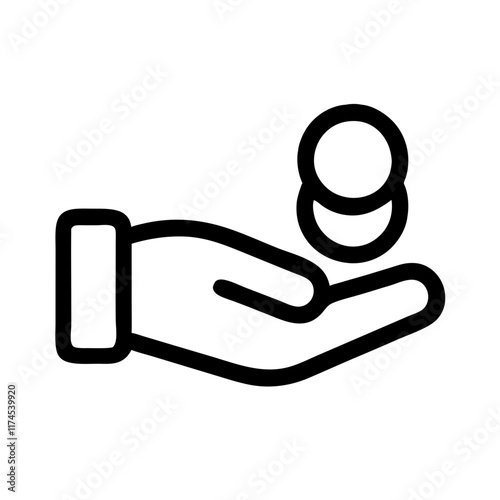 Line drawing of a hand holding coins, symbolizing money, wealth and financial success.Vector icon with dollars and cents for business projects