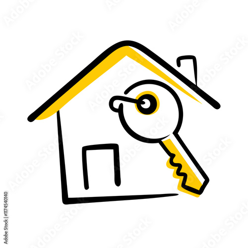 Simple line drawing of a house with a key, symbolizing homeownership, real estate and security.Vector icon for websites on the topic of buying and renting real estate