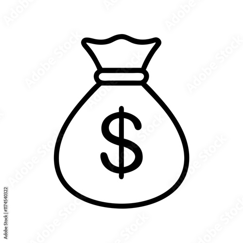 A simple line drawing of a money sack, traditionally symbolizing wealth and prosperity. Vector icon with a bag filled with dollar signs symbolizing monetary value.