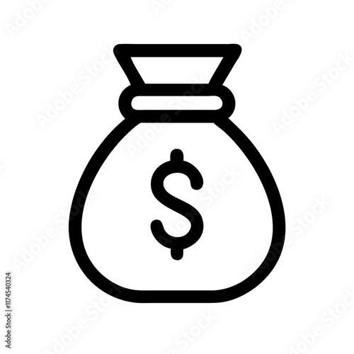 A simple line drawing of a money sack, traditionally symbolizing wealth and prosperity. Vector icon with a bag filled with dollar signs symbolizing monetary value.
