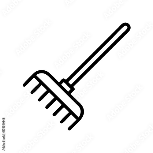 Line drawing of a rake - a tool used for collecting leaves and leveling the soil.Vector icon for home gardening,gardening care