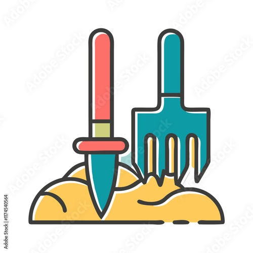 Line drawing of a rake - a tool used for collecting leaves and leveling the soil.Vector icon for home gardening,gardening care