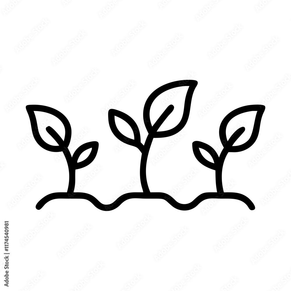 Three young plants with leaves reaching for the sky symbolize growth, new beginnings and the power of nature.Vector isolated icon on the theme of seasonal spring agricultural work and planting Three young plants with leaves reaching for the sky symbolize growth, new beginnings and the power of nature.Vector isolated icon on the theme of seasonal spring agricultural work and planting