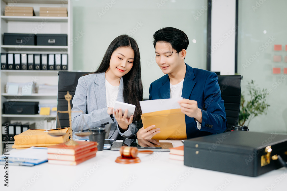 Fototapeta premium Asian business team and lawyers discussing contract papers sitting at the table. Concepts of law,