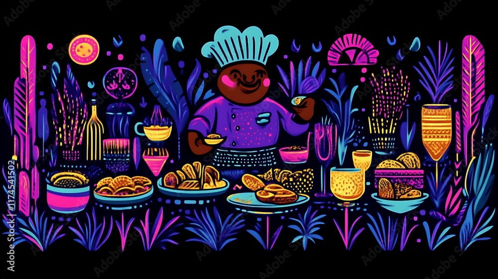 Fototapeta premium A Neon Chef Serves Delicious Food Amidst Vibrant Flora
