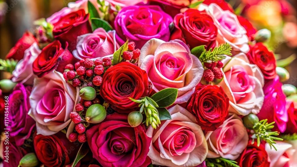 Pink and red roses bloom in a breathtaking close-up panoramic wedding bouquet, showcasing exquisite floral artistry. Pink and red roses bloom in a breathtaking close-up panoramic wedding bouquet, showcasing exquisite floral artistry.