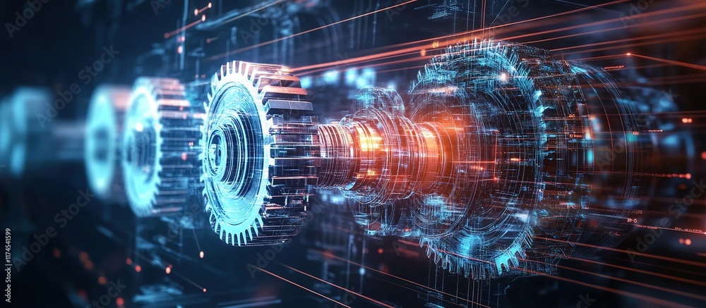 Obraz premium Interlocking gears in motion, digital technology concept.