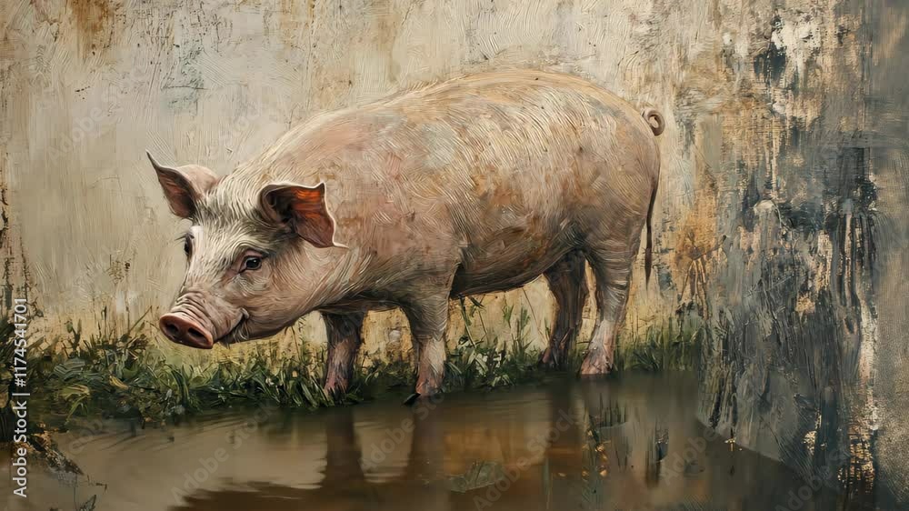 Pig grazing on lush green grass in a rustic rural setting during daylight, A pig grazing Pig grazing on lush green grass in a rustic rural setting during daylight, A pig grazing