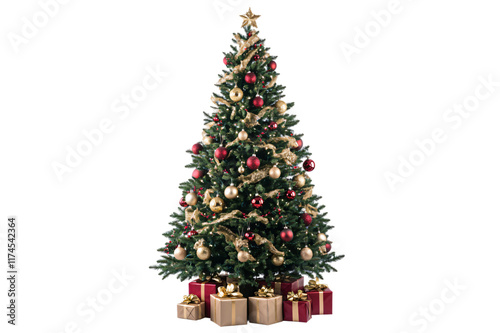 Beautifully Decorated Christmas Tree with Red and Gold Ornaments and Gifts