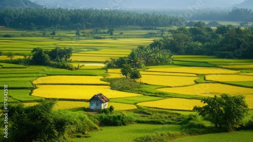 Tranquil Rice Paddies with a Small House in the Landscape