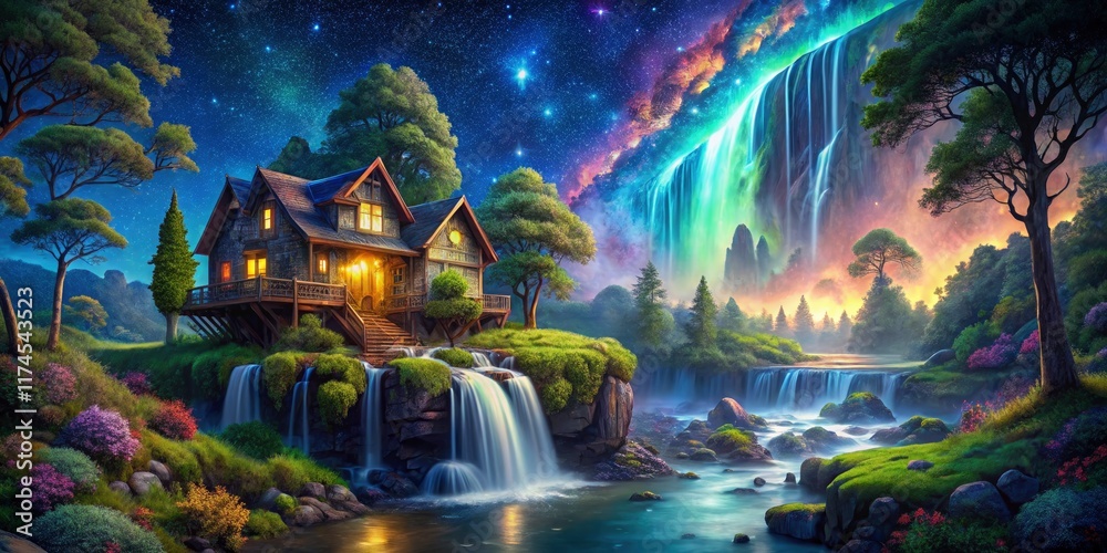 Fototapeta premium Surreal cottage, waterfall's magic, forest whispers, stars above, a fantasy night.