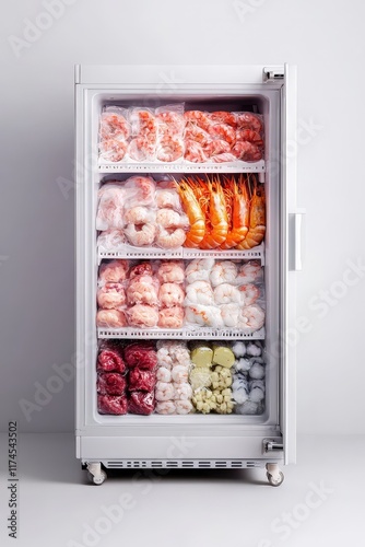 Supermarket freezer filled with frozen seafood, isolated on white