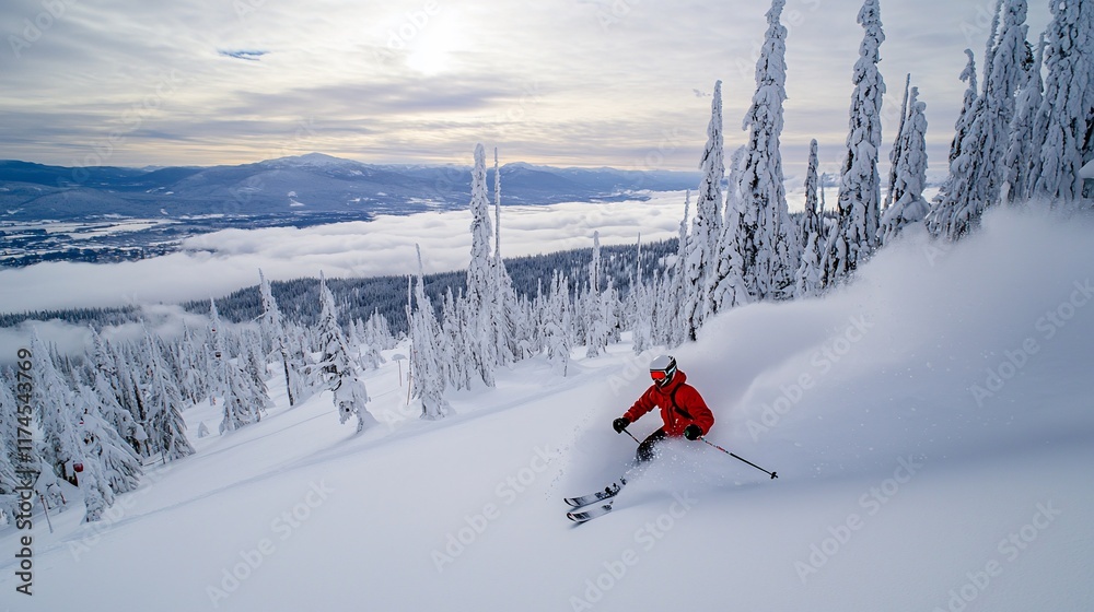 Skier carving through deep powder snow on a mountain slope, amidst snow-covered trees and a scenic valley view. Skier carving through deep powder snow on a mountain slope, amidst snow-covered trees and a scenic valley view.
