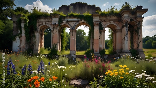 Overgrown ruins reclaimed by nature, with colorful flowers blooming in cracks