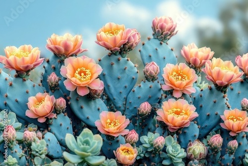 Wallpaper Mural Blooming prickly pear cactus with succulent plants under a clear sky. Torontodigital.ca