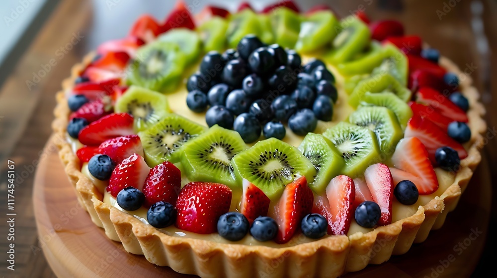 An elegant fruit tart topped with an array of fresh strawberries blueberries and kiwi An elegant fruit tart topped with an array of fresh strawberries blueberries and kiwi