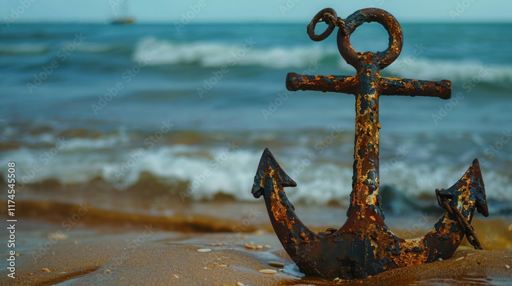 Fototapeta premium Close-up of a rusted anchor with visible cracks and wear resting on a sandy beach, symbolizing damage and neglect. Maritime and nautical themes, aging and decay concepts.
