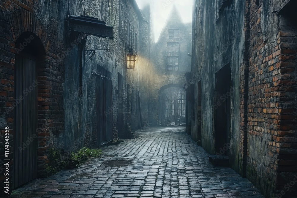A dimly lit cobblestone alleyway between aged brick buildings