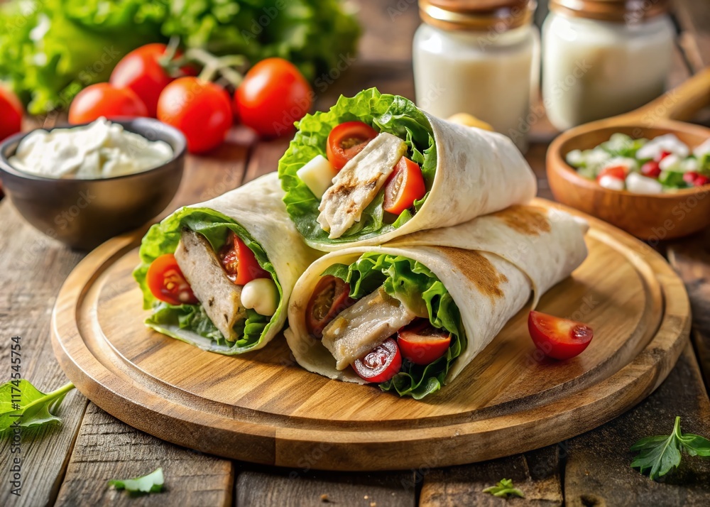 Delicious Chicken Caesar Wrap Sliced Open on Wooden Plate with Cherry Tomatoes Delicious Chicken Caesar Wrap Sliced Open on Wooden Plate with Cherry Tomatoes