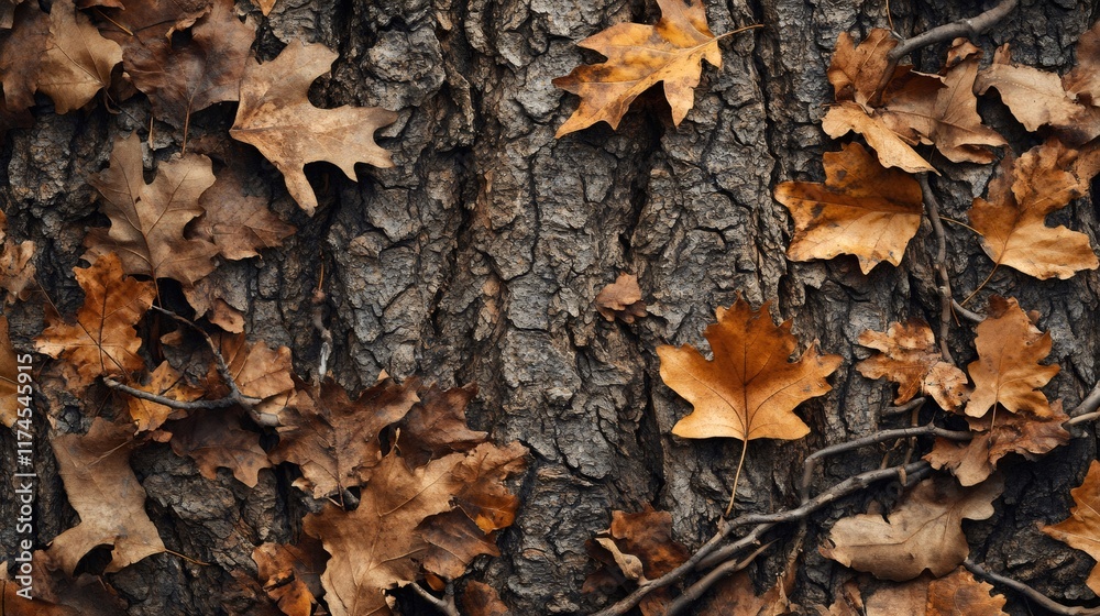 Dry autumn leaves resting on rough tree bark texture Dry autumn leaves resting on rough tree bark texture