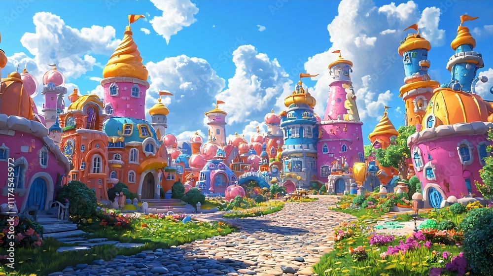 Obraz premium Whimsical Candy Castle Town: A Vibrant, Dreamlike Digital Painting