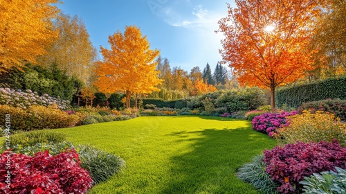 Fototapeta Naklejka Na Ścianę i Meble -  Beautiful autumn garden with colorful trees and lush green grass shining in sunlight