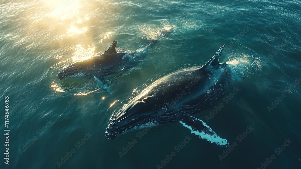 Naklejka premium Ocean sunrise, humpback whales, playful, background sun, aerial view