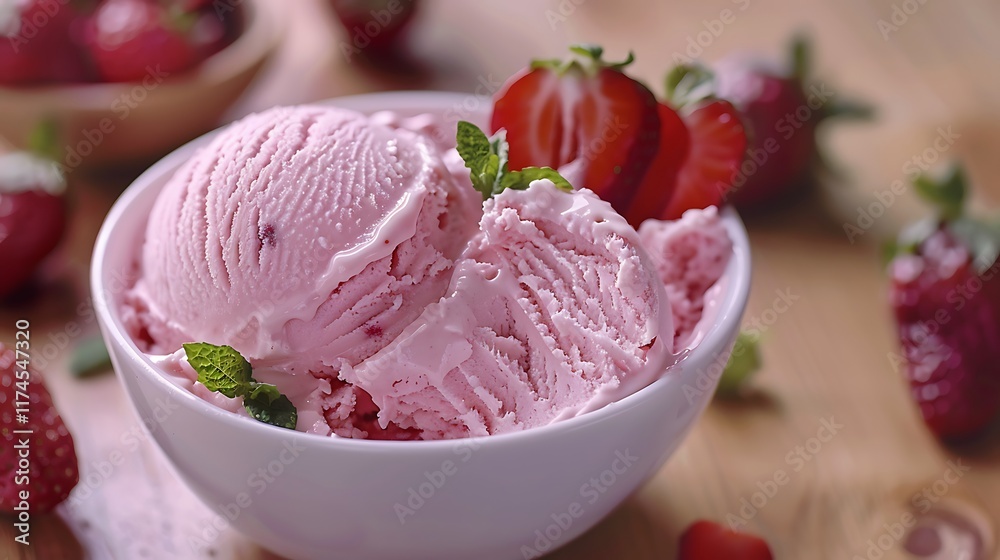 Closeup of strawberry ice cream bowl homemade delicious strawberry ice cream on restaurant special table Closeup of strawberry ice cream bowl homemade delicious strawberry ice cream on restaurant special table